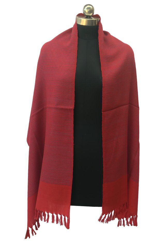 Pure merino wool stole in deep red with think navy blue horizontal stripes