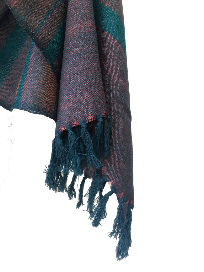 Pure merino wool stole with thick vertical stripes of rich peacock blue intermingled with deep wine red.
