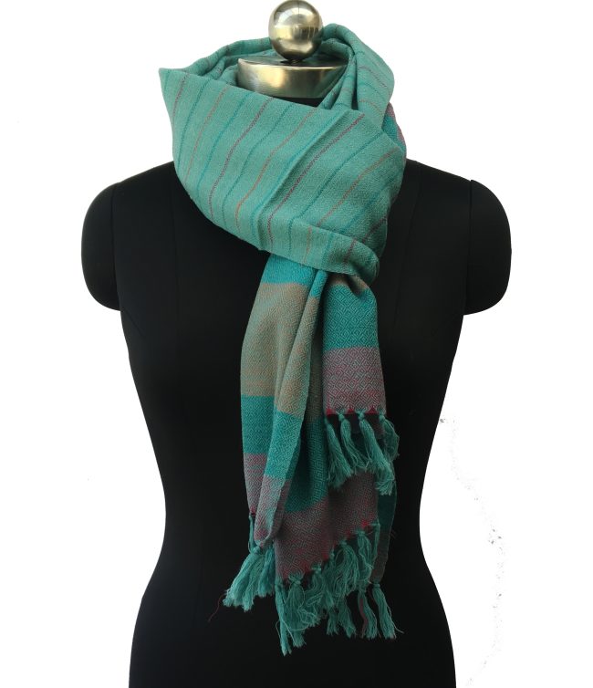 Pure merino wool stole in viridian with thin stripes of pine green, pink