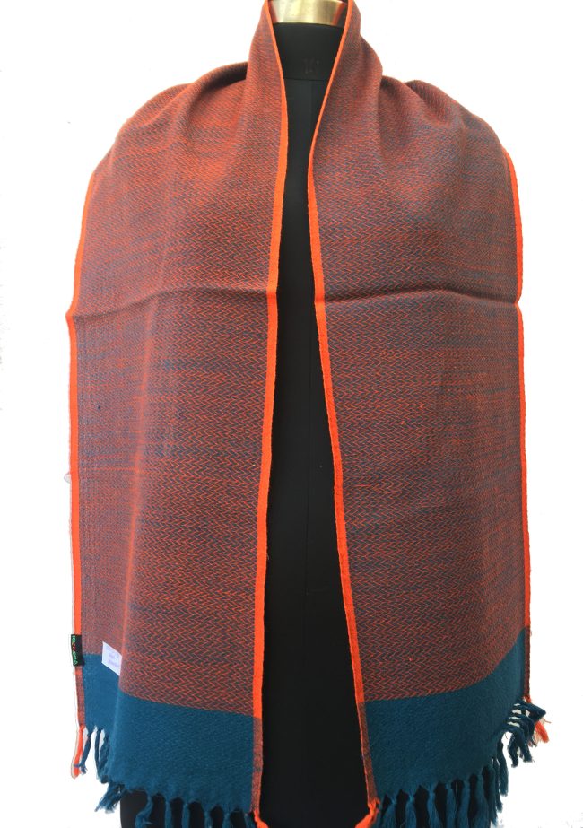 Pure merino wool scarf in double shades of peacock blue and vivid orange with an orange border