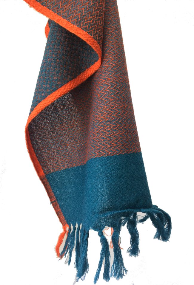 Pure merino wool scarf in double shades of peacock blue and vivid orange with an orange border