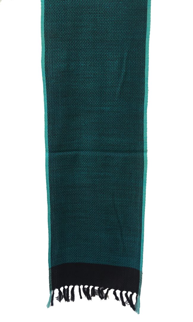 Pure merino wool scarf in double shaded pattern of peacock blue and black. And edged with a turquoise blue border.