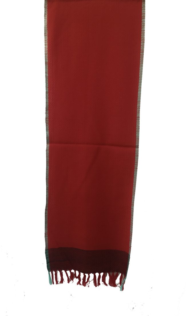 Pure merino wool scarf in bright candy red. Edged with turquoise blue and with a border of double shaded red and black.