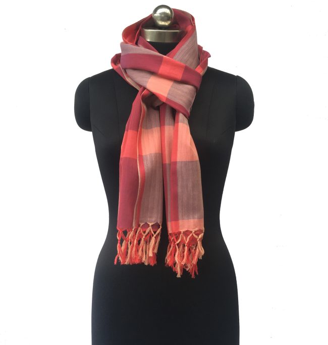 Pure cotton stole from Kilmora in bold checks of cherry red and salmon.