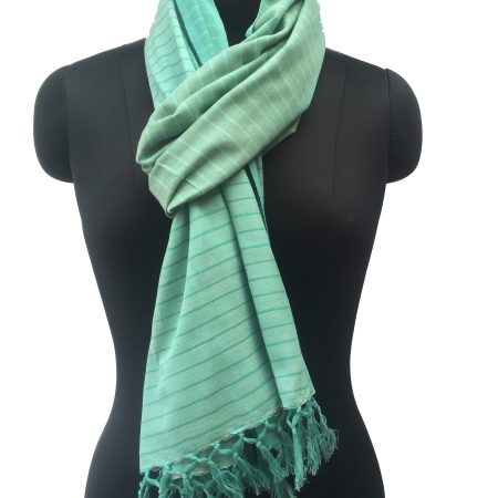 Pure cotton stole from Kilmora in shades of teal with thin vertical stripes in navy blue.