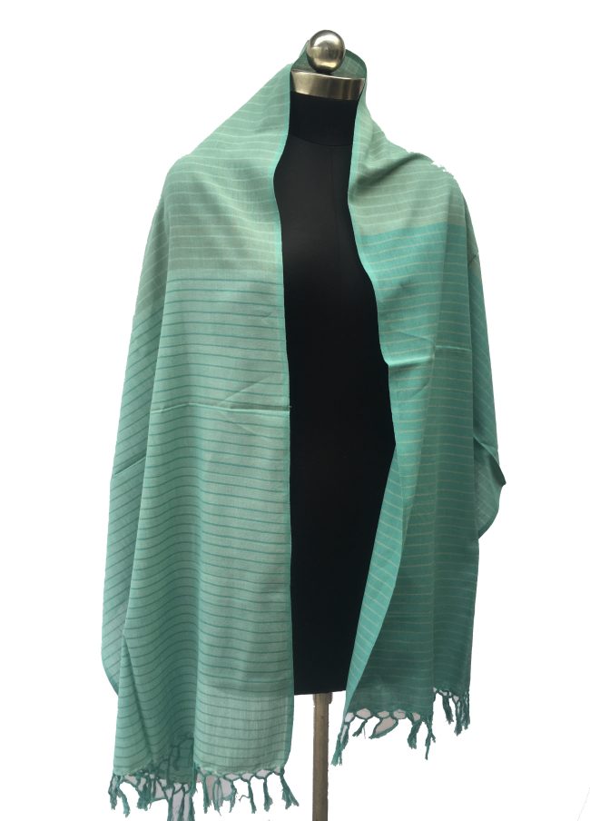 Pure cotton stole from Kilmora in shades of teal with thin vertical stripes in navy blue.