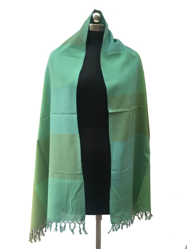 Pure cotton block checked stole from Kilmora in shades of teal, sage, shamrock, jade and pine