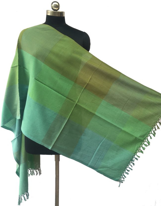 Pure cotton block checked stole from Kilmora in shades of teal, sage, shamrock, jade and pine