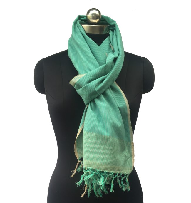 Pure cotton stole from Kilmora in teal with a thin laurel striped border