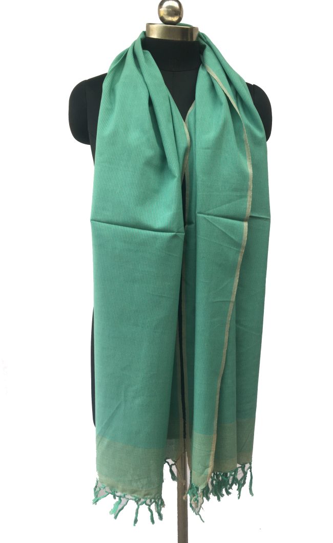 Pure cotton stole from Kilmora in teal with a thin laurel striped border