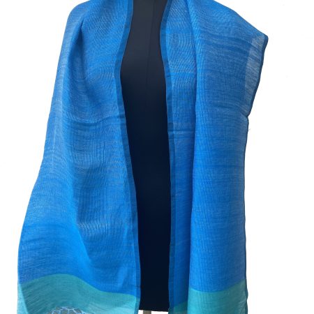Cotton linen handwoven stole in ultramarine blue with a border of sea green.