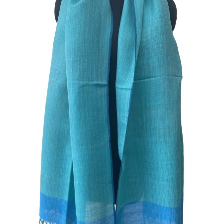 Cotton linen handwoven stole in tiffany blue with a border and selvedge of royal blue