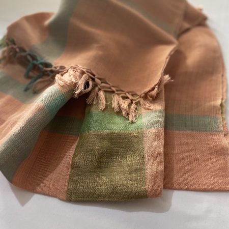 Cotton linen handwoven stole in grapefruit orange with broad stripe of olive green, prussian blue, light blue and muted lime green in the body.