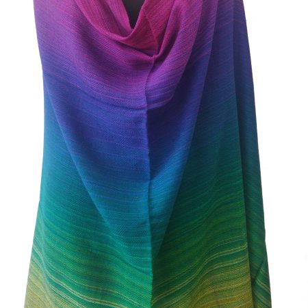 Pure woollen shawl from Kilmora in ombre shades of magenta, indigo, forest green and lime. Drape winter-autumnal skies of Kumaon.
