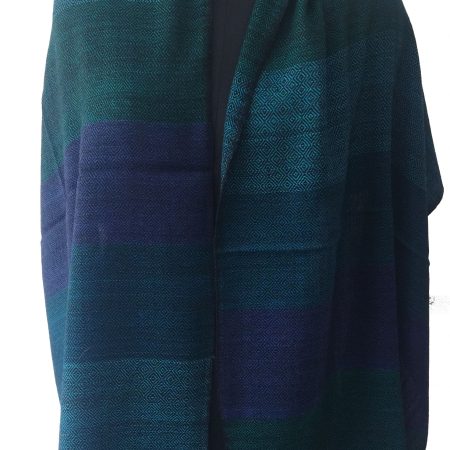 Pure merino wool stole from Kilmora in bold vertical stripes of navy, prussian blue, sapphire, royal blue, teal and aquamarine.