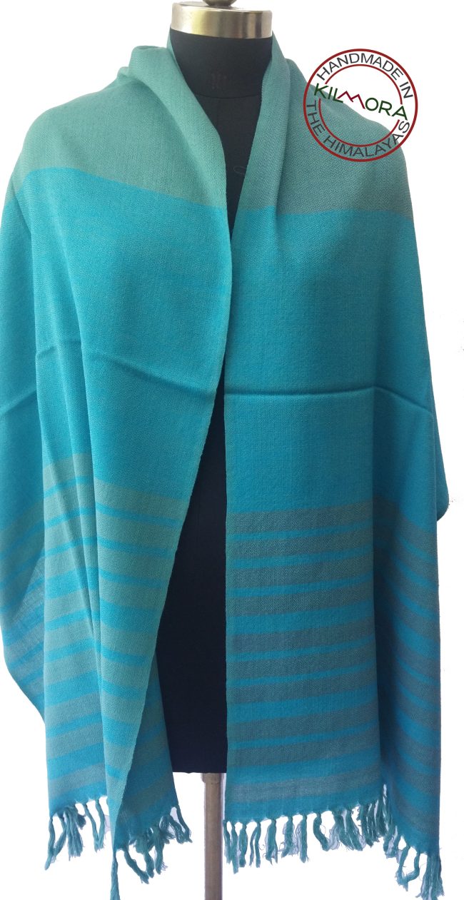 Pure merino wool stole from Kilmora in bold vertical stripes of aquamarine and fern.