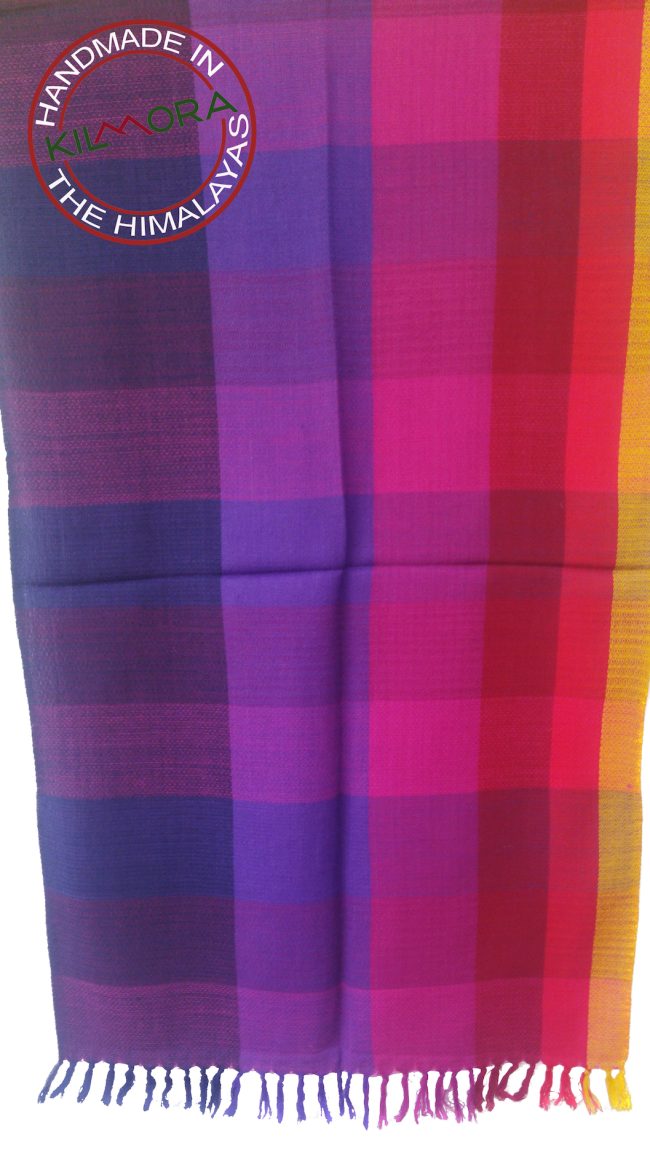 Pure wool stole from Kilmora in bold checks. Of aubergine, violet, plum, scarlet, vermilion and edged with canary yellow.
