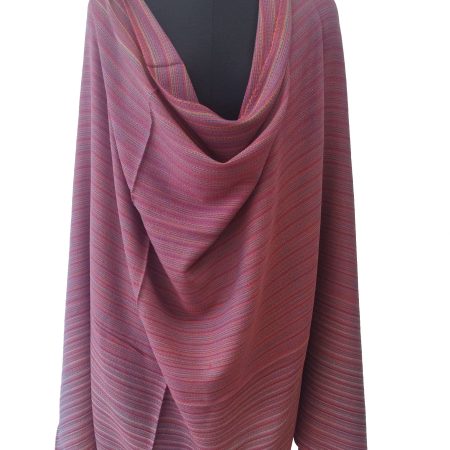 Pure woollen shawl from Kilmora in light coral horizontal stripes. Woven in with white, yellow and navy blue.