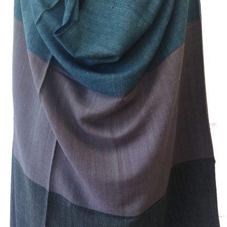 Pure woollen shawl form Kilmora in bold horizontal stripes of teal, coral and gray.