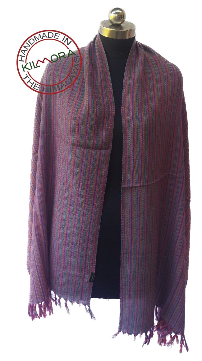 Merino wool stole with thin stripes shown on a mannequin. Stripes are in cantaloupe, red, purple, navy blue and white