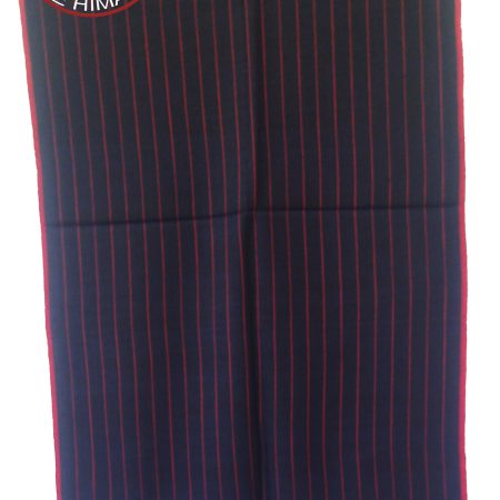 Merino wool stole in deep navy blue with thin horizontal pin stripes in red