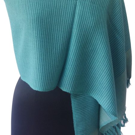 Merino wool stole in thin vertical stripes of tiffany blue and teal with a teal border