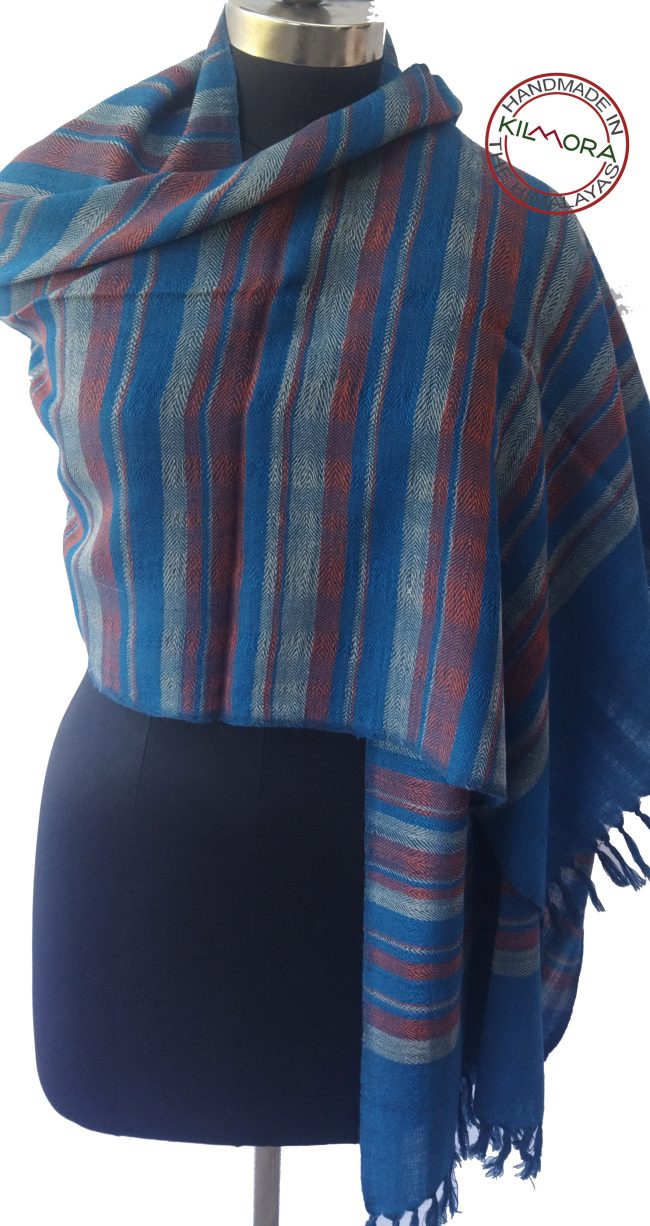 Vertical striped woollen stole in indigo, prussian blue and mahagony