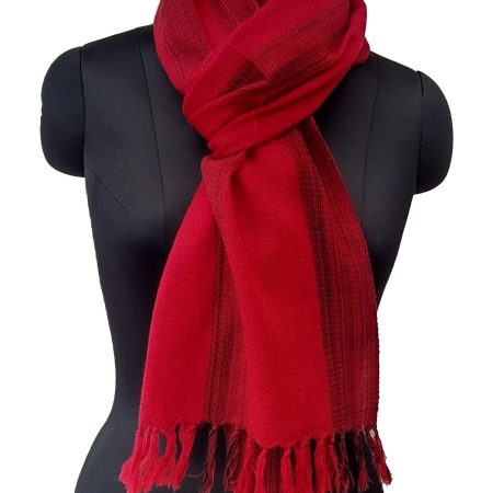 Bright red merino wool stole with thin dashed vertical stripes in navy blue