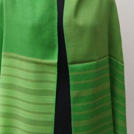 Emerald green woollen stole with a Kelly green border in graduated horizontal stripes