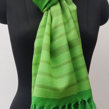 Emerald green woollen stole with a Kelly green border in graduated horizontal stripes