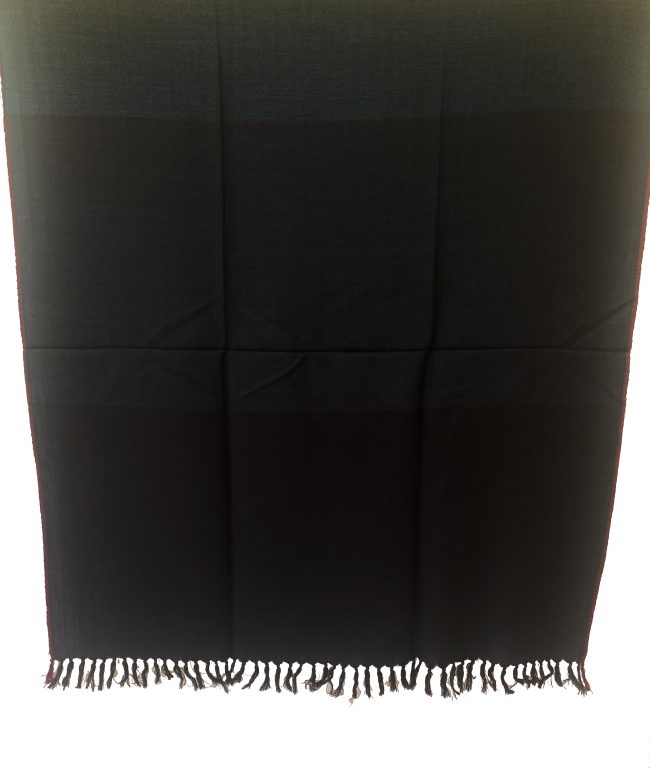 Handwoven merino wool shawl with wide bands of midnight buke, deep slate and black with a thin selvedge in red