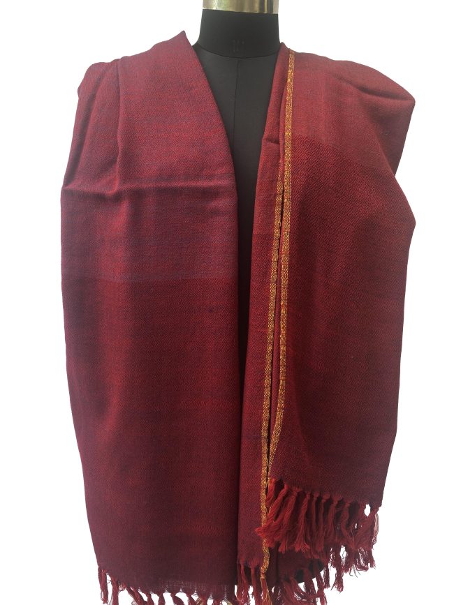 Handwoven merino wool shawl with horizontal bands of mahogany, ruby red and maroon with a thin selvedge in muted gold