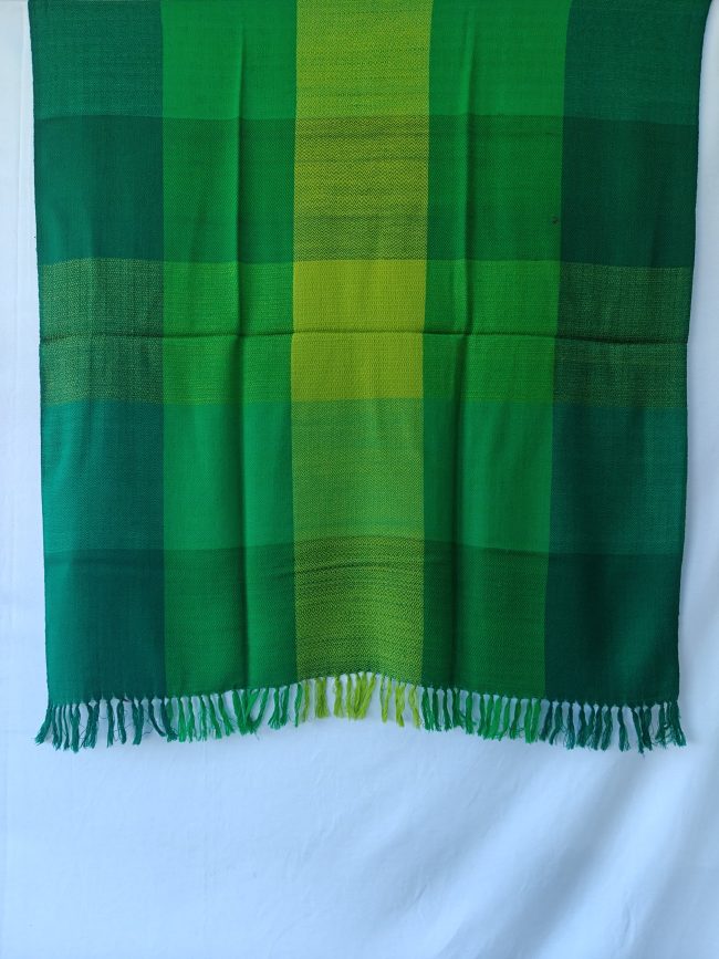 Bold checked merino wool shawl. In shades of lime green, sage green, leaf green, and deep emerald green