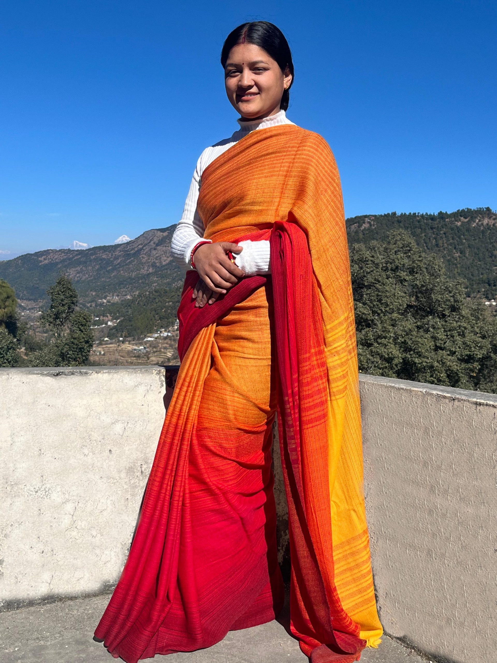 Handwoven ombre merino wool saree in vertical soft gradation of maroon, cerise, cherry, and honey.
