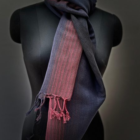 Hand woven cotton-linen stole in deep black with a middle showing of crimson stripes