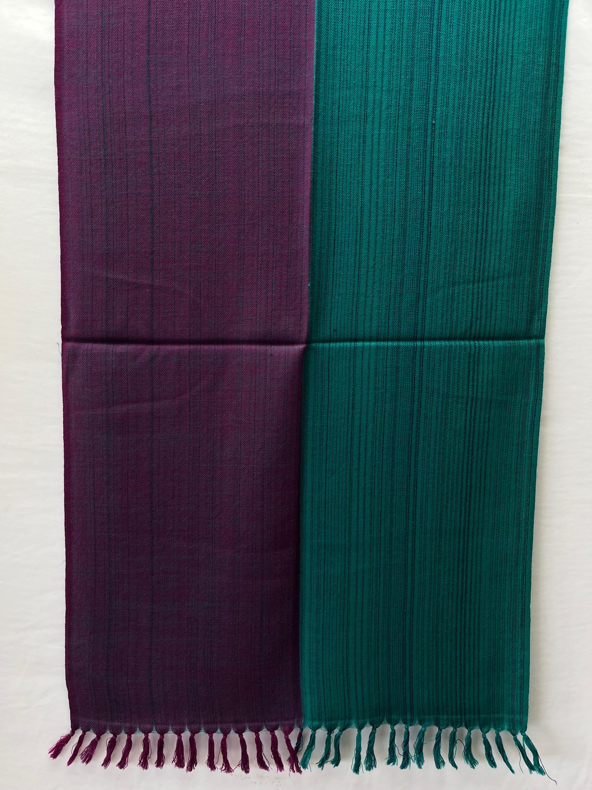 Handwoven merino wool stole with 2 broad vertical stripes in rich pine green and royal purple
