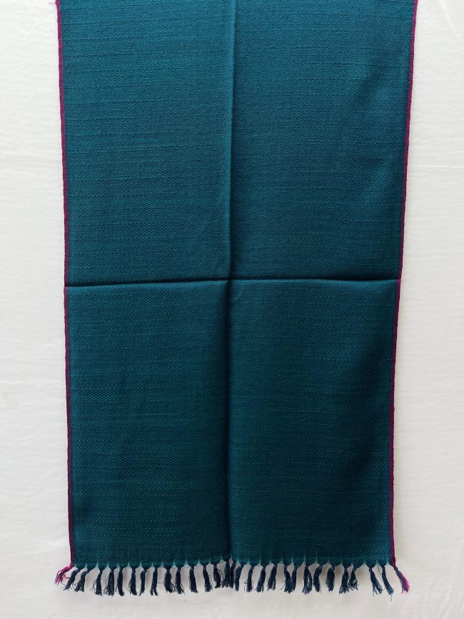 Handwoven merino wool stole in rich deep sapphire blue with a thin red selvedge