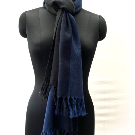 Merino wool stole with bold stripes in black, dull gold, navy and indigo