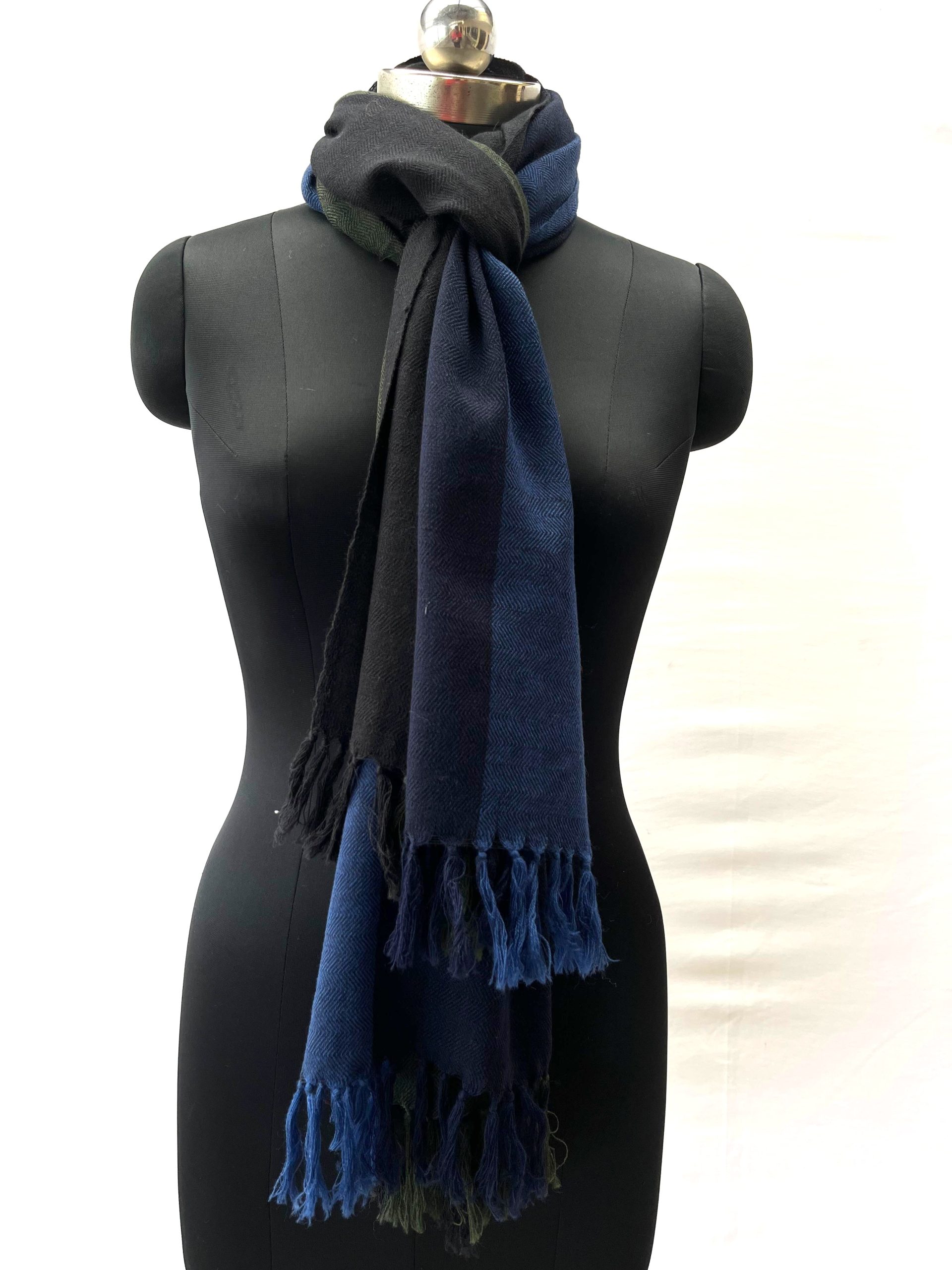 Merino wool stole with bold stripes in black, dull gold, navy and indigo