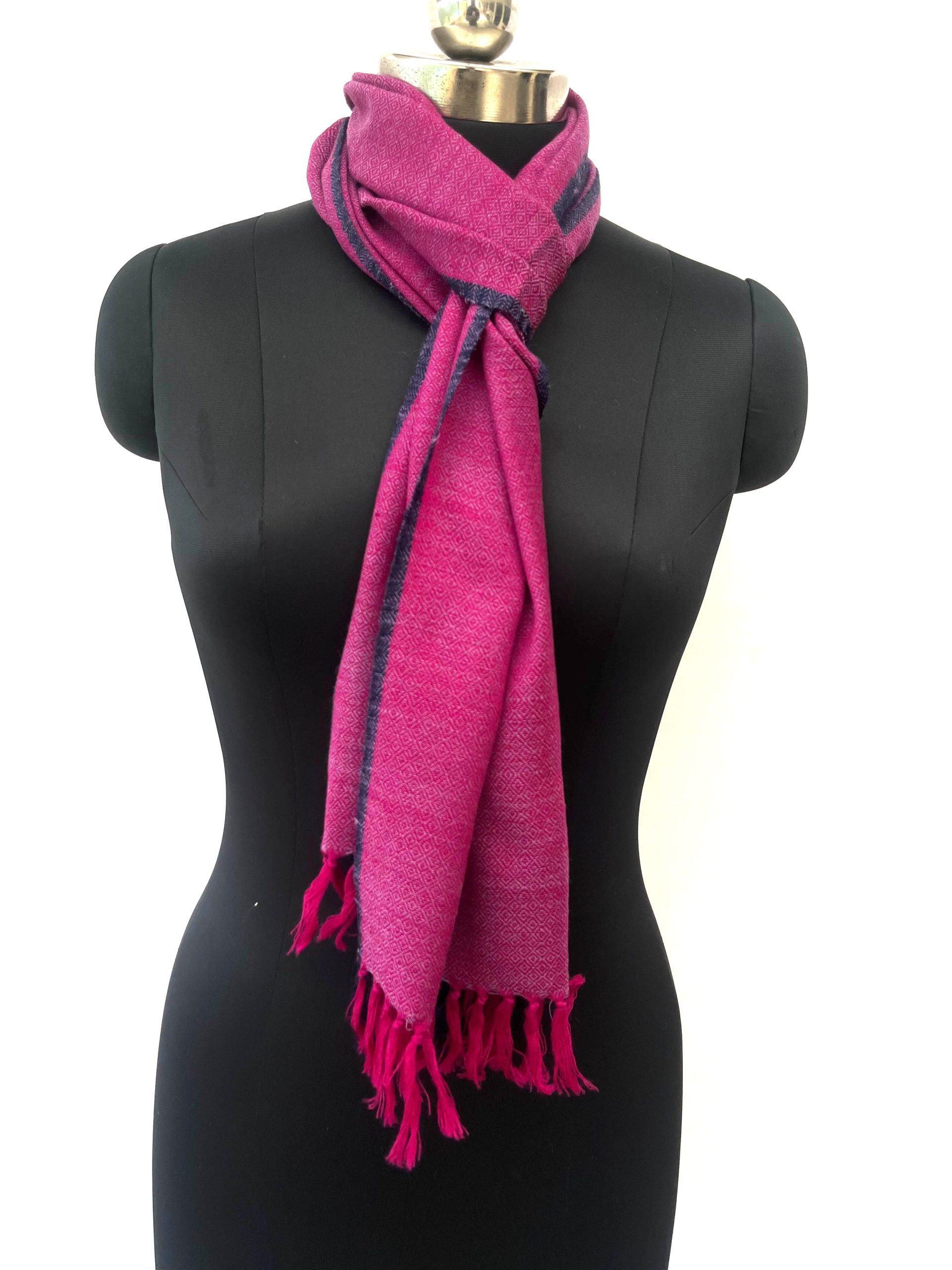 Merino wool scarf in magenta with a thin navy blue selvedge