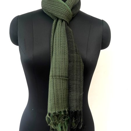 Merino wool scarf woven in vertical ombre shades of deep forest green, pine and lime green.