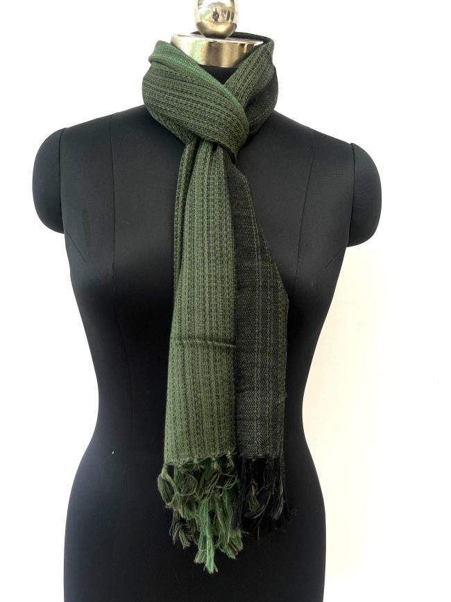 Merino wool scarf woven in vertical ombre shades of deep forest green, pine and lime green.