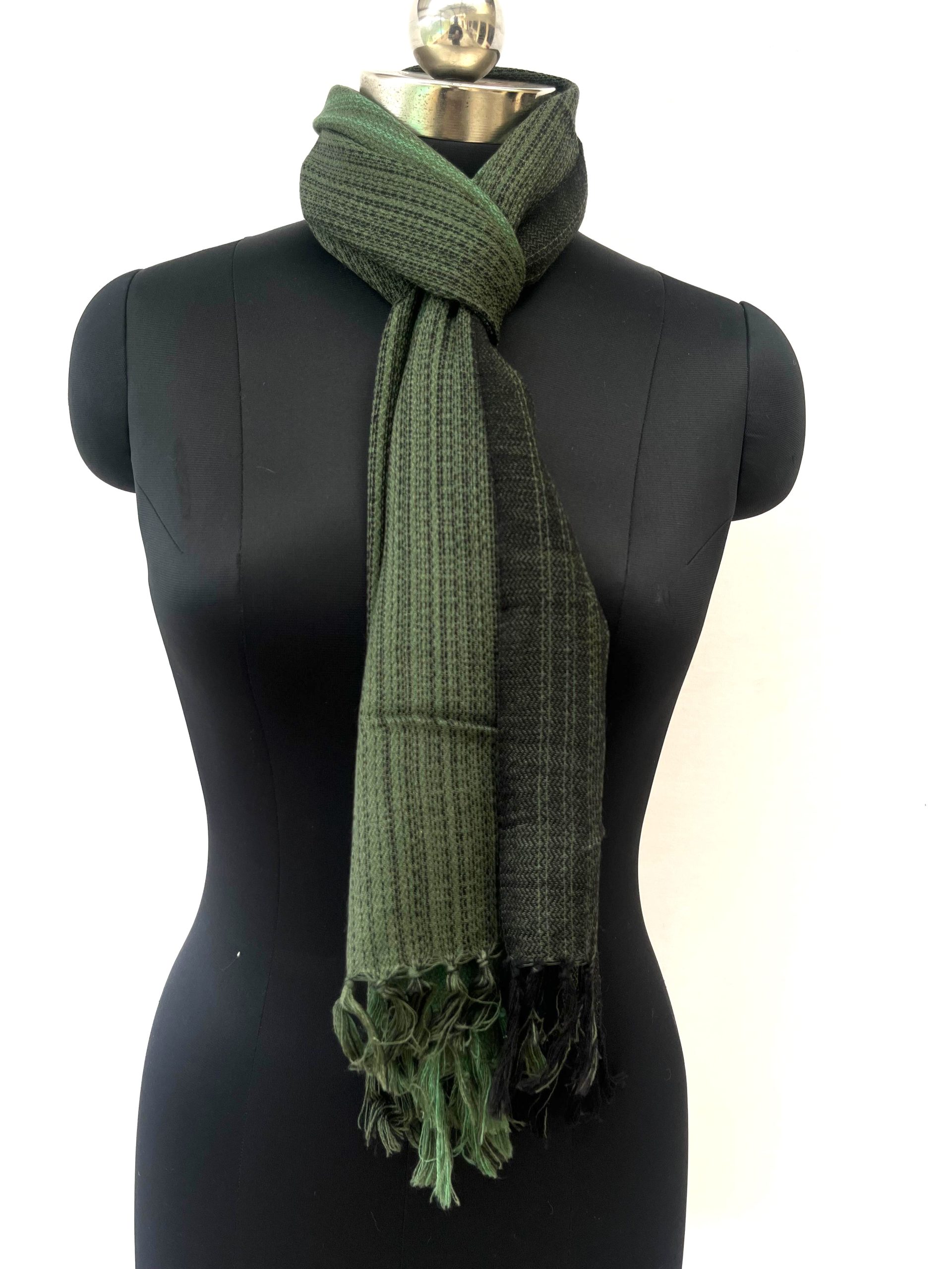 Merino wool scarf woven in vertical ombre shades of deep forest green, pine and lime green.