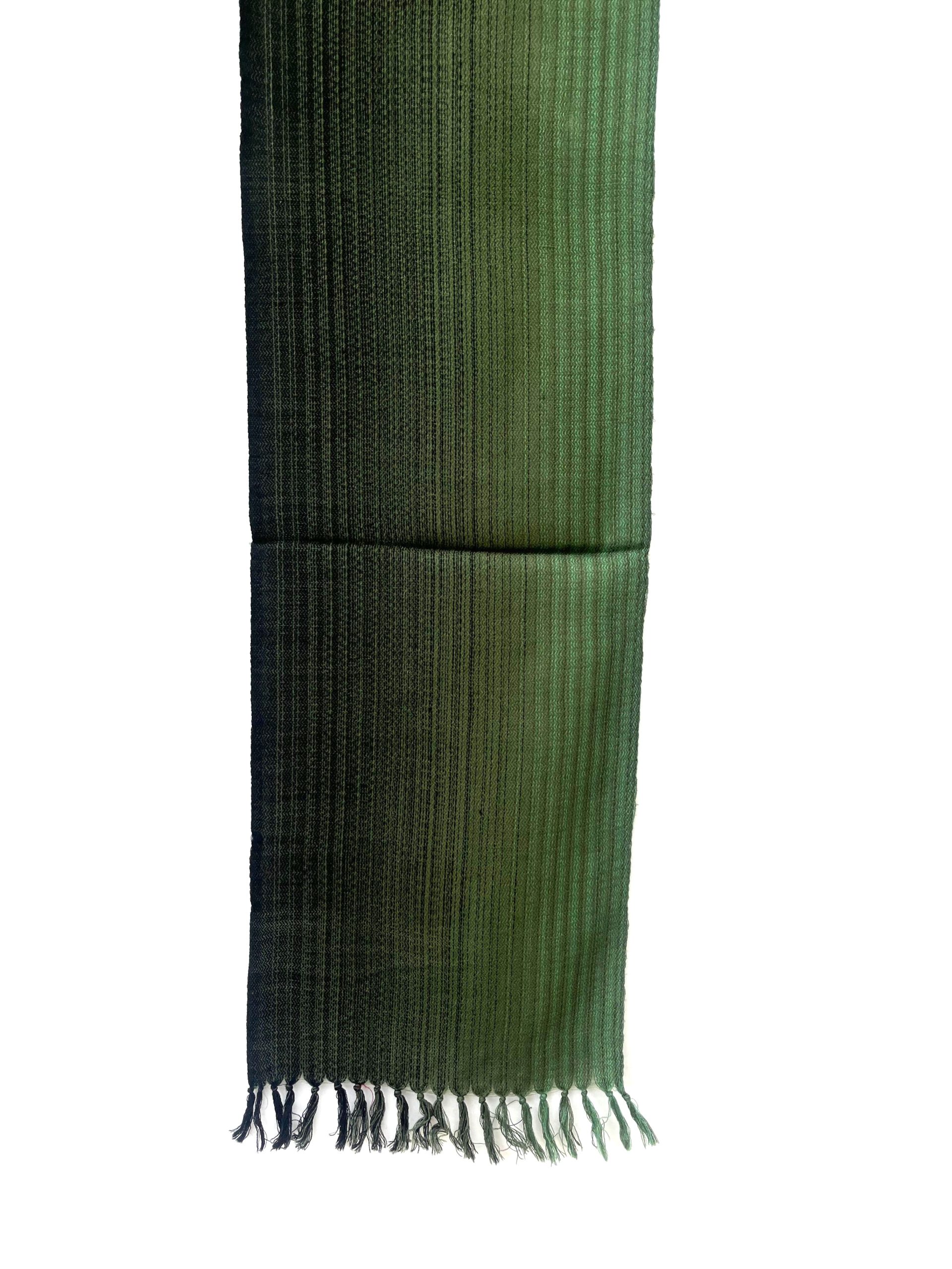 Merino wool scarf woven in vertical ombre shades of deep forest green, pine and lime green.