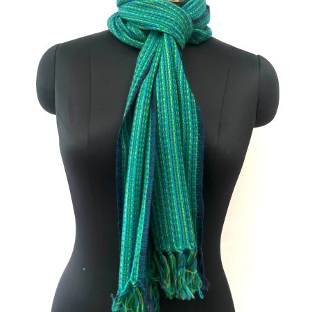 Merino wool scarf with think pin stripes in pine green, lime green and navy - woven over a base of deep pine green with a thin navy blue selvedge