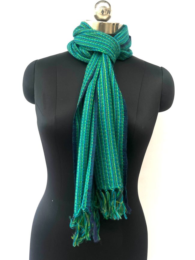 Merino wool scarf with think pin stripes in pine green, lime green and navy - woven over a base of deep pine green with a thin navy blue selvedge