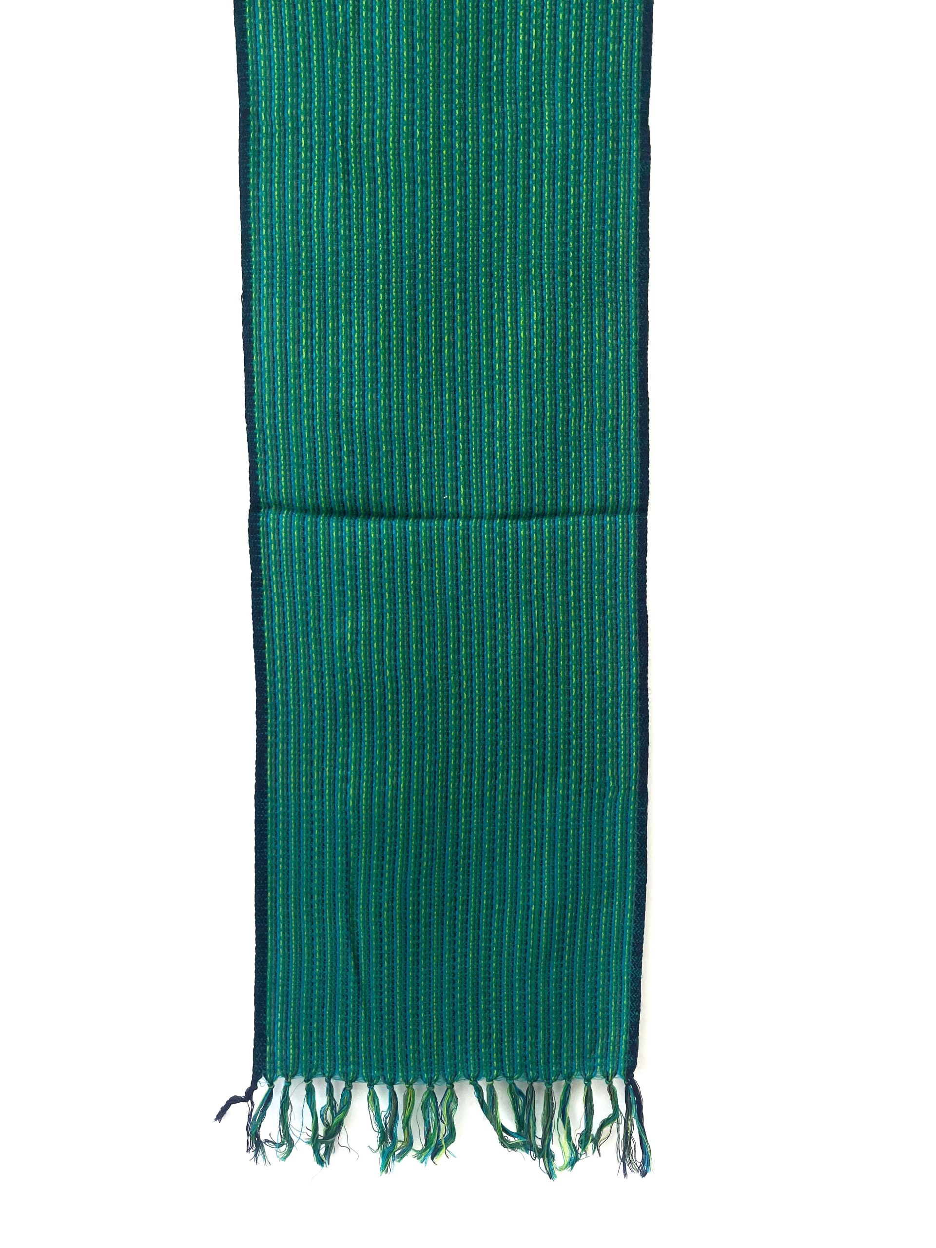 Merino wool scarf with think pin stripes in pine green, lime green and navy - woven over a base of deep pine green with a thin navy blue selvedge