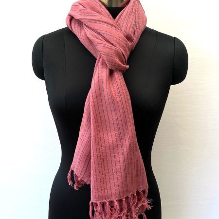 Handwoven merino wool stole in dusty rose with think irregular navy blue stipes