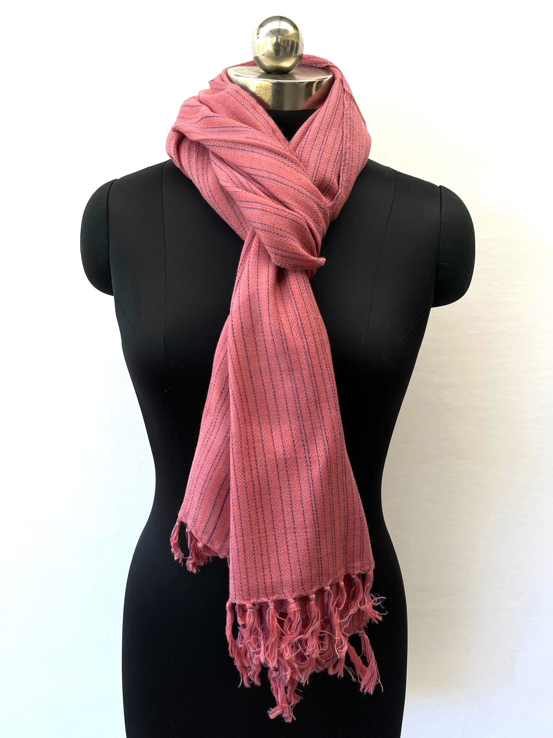 Handwoven merino wool stole in dusty rose with think irregular navy blue stipes