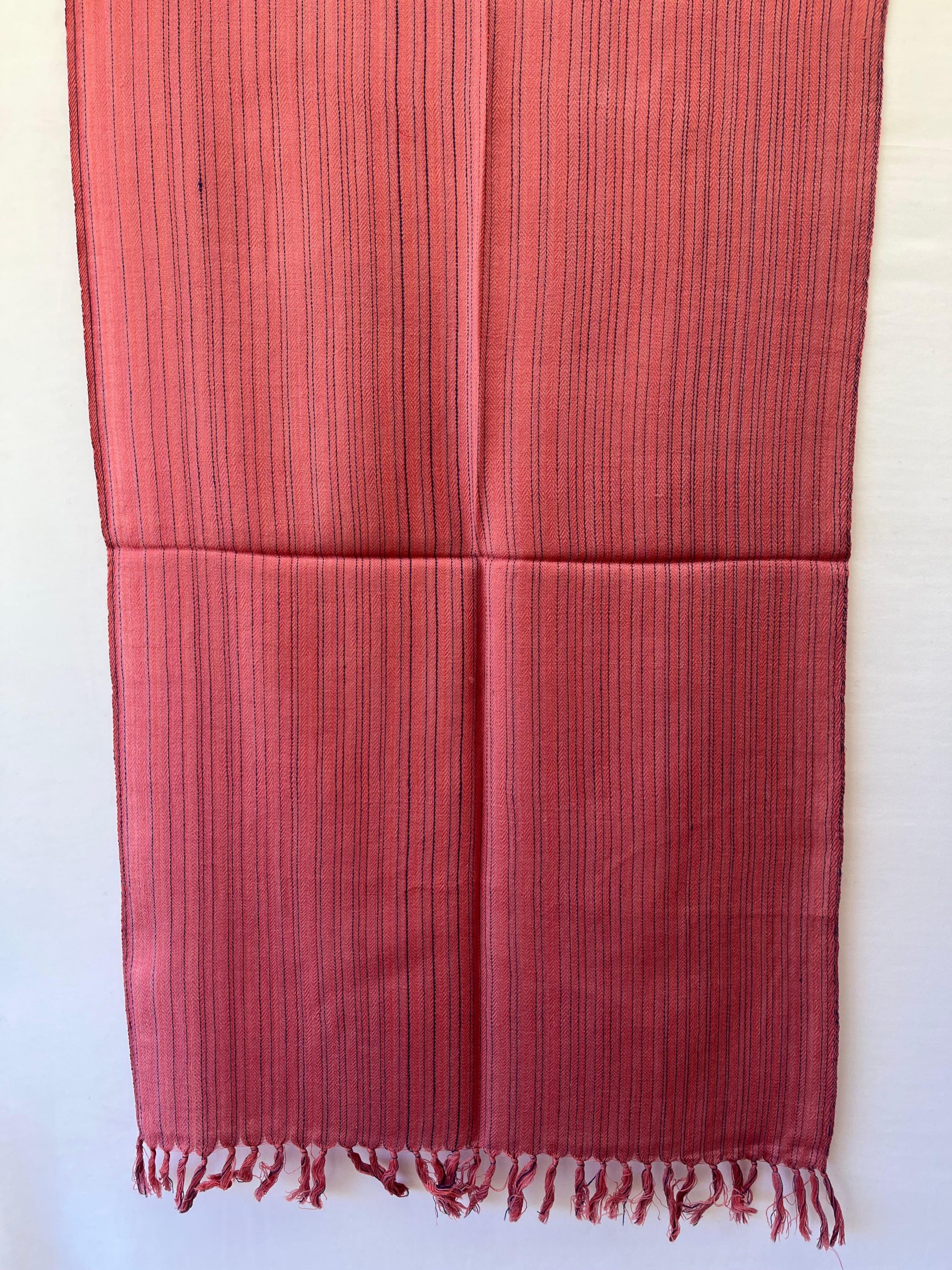 Handwoven merino wool stole in dusty rose with think irregular navy blue stipes